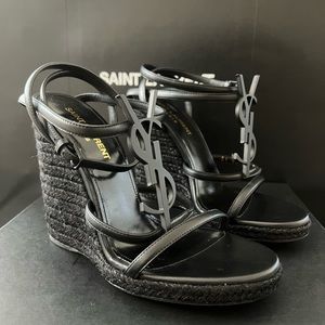 YSL Logo Saint Laurent Cassandra Size 36 Leather Wedge Sandals New With box.